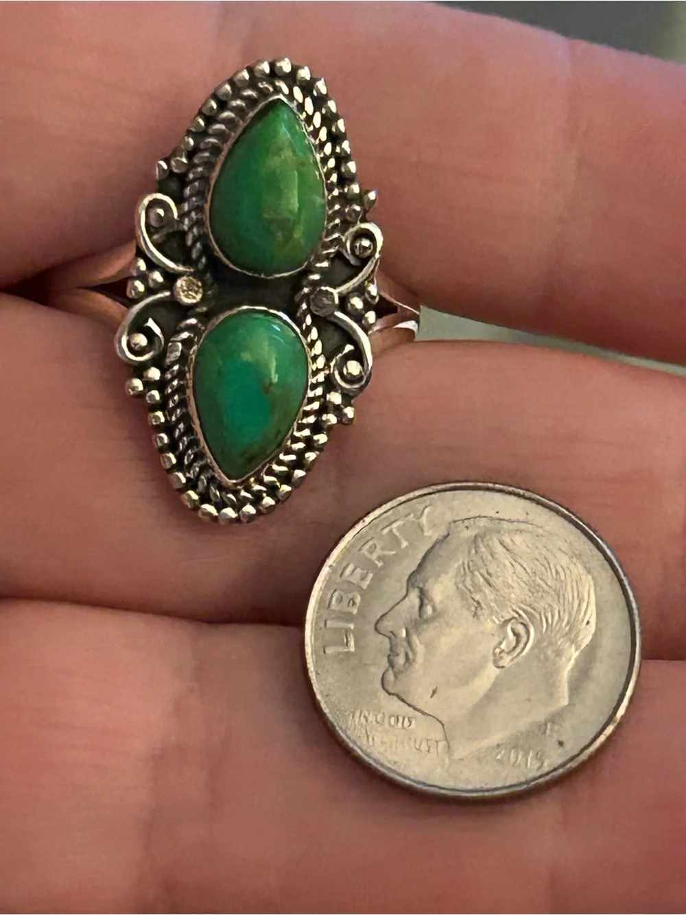 Sterling Silver Green Mojhave Double Teardrop Ring size 8.5 - Picture 7 of 8